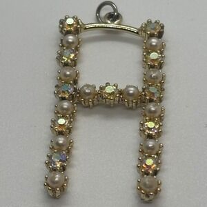 Gold Tone Initial Letter H Pendant Faux Pearl Aurora Borealis Rhinestone Charm